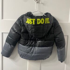 Nike Kids Black and Gray Puffer Jacket with Neon Logo